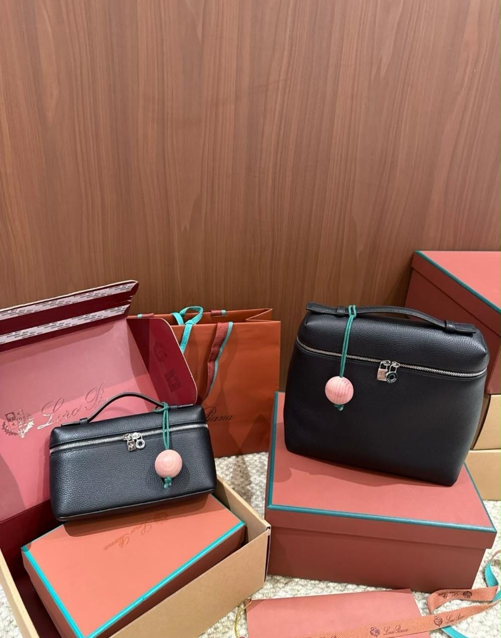 Loro Piana Extra Pocket L19 vanity-style handbag displayed in three different colorways