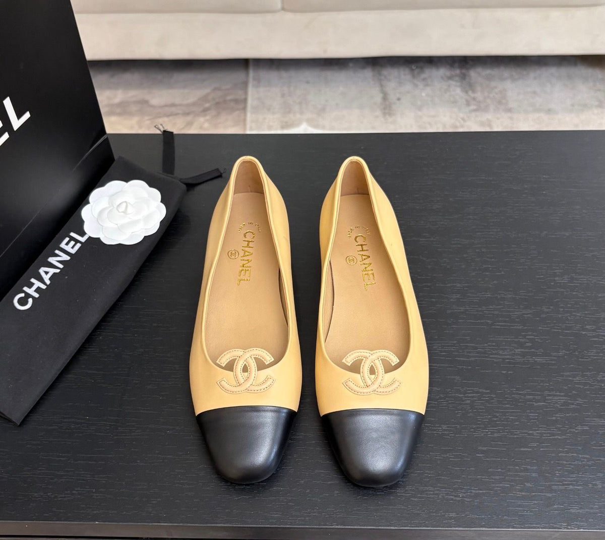 lambskin leather CC ballet flats featuring a stitched CC logo on the toe cap