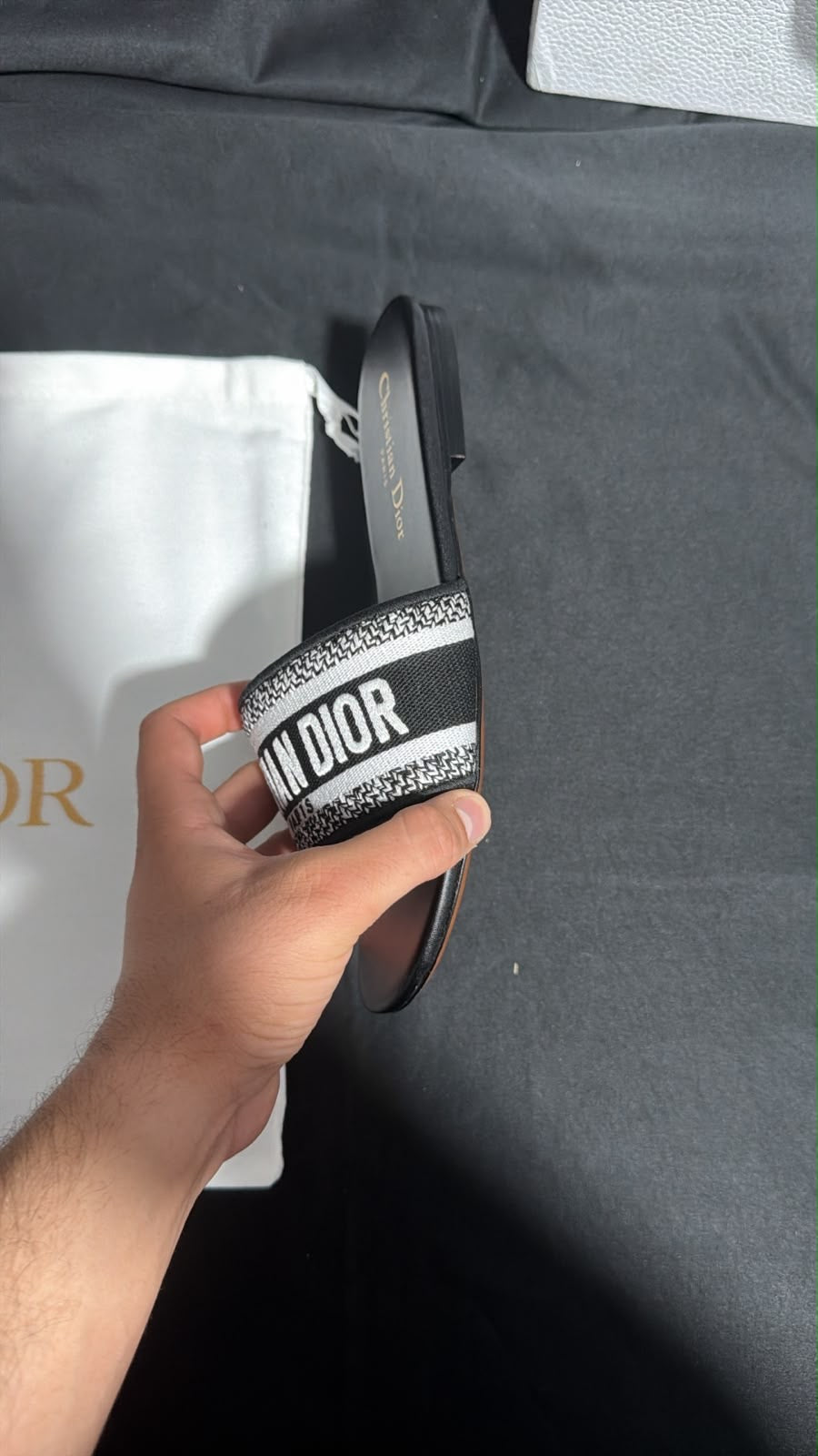 Dior Dway slides featuring the signature white "Christian Dior Paris" lettering across the upper strap