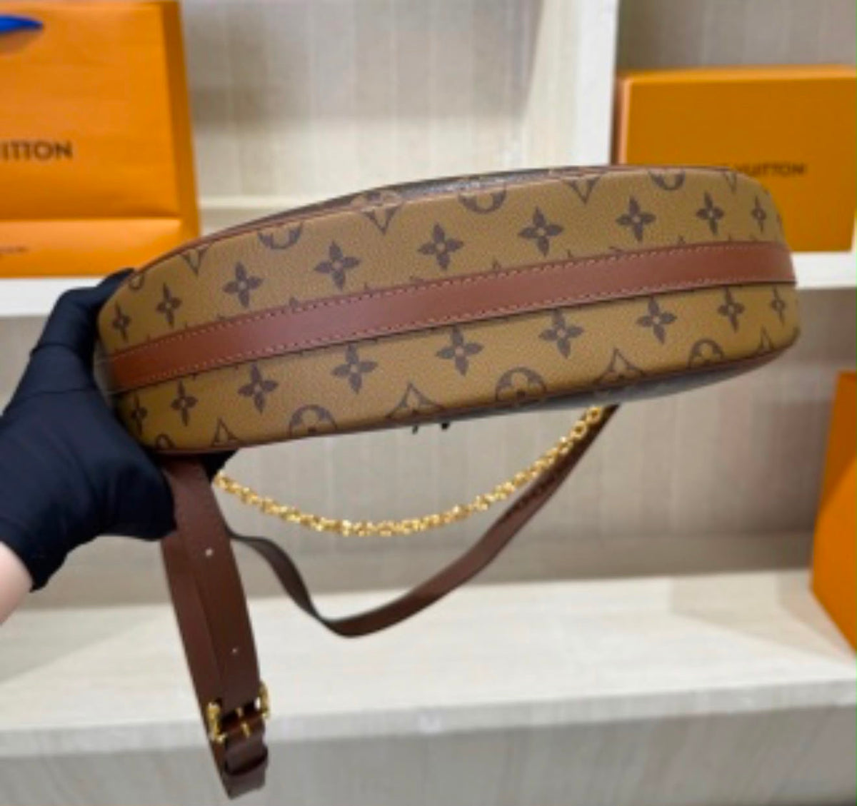 Louis Vuitton Loop Hobo in Monogram canvas with its distinctive half-moon silhouette accented by a gleaming gold-tone chain