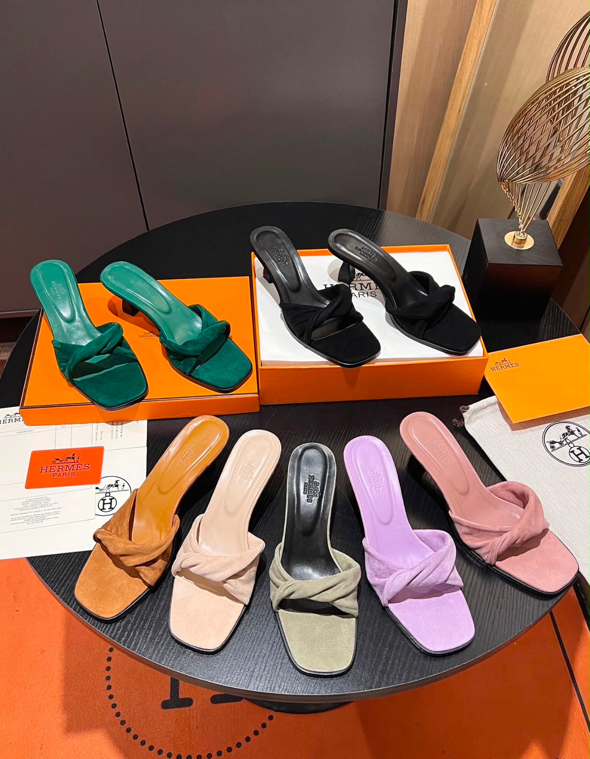 Hermès Suede Giny 55 Sandals array of twisted suede straps and a curved mid-heel