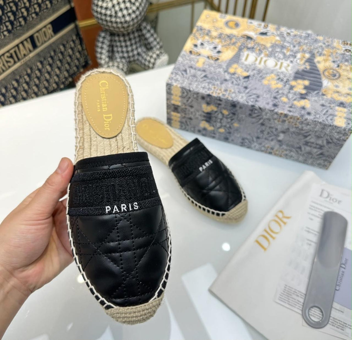 Christian Dior Granville quilted lambskin espadrille mule featuring the signature "Christian Dior Paris" embroidered band