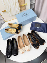 Prada Bow Ballet Flats showcasing distinct fabric bows and gathered elastic trims across multiple color and material variations.( from 35-to 42)