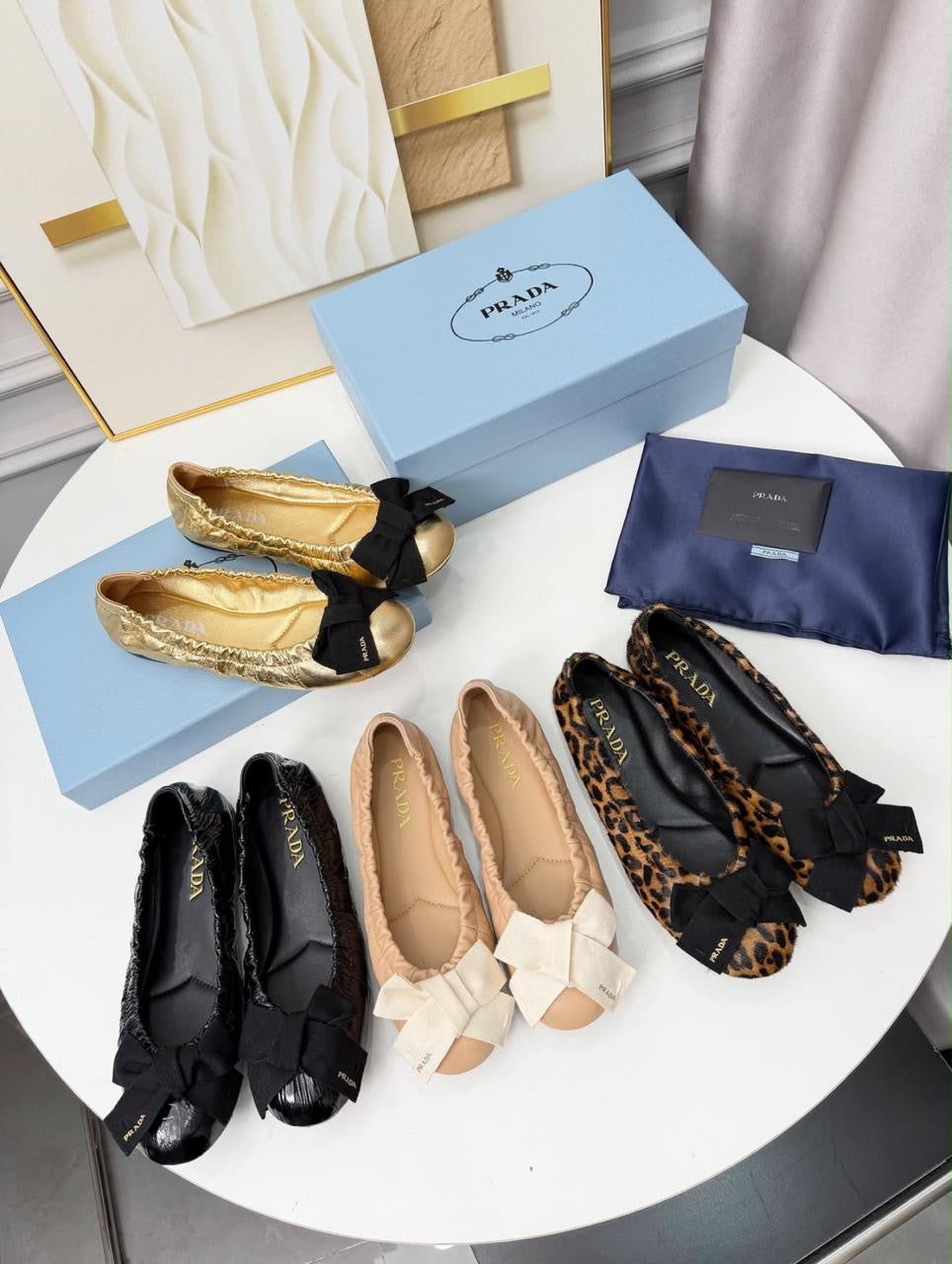 Prada Bow Ballet Flats showcasing distinct fabric bows and gathered elastic trims across multiple color and material variations.( from 35-to 42)