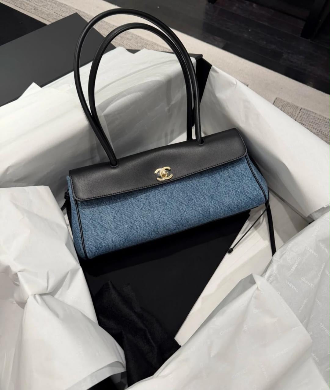Chanel Small "Urban Essentials" East-West shopping tote in blue quilted denim and black calfskin with gold-tone hardware