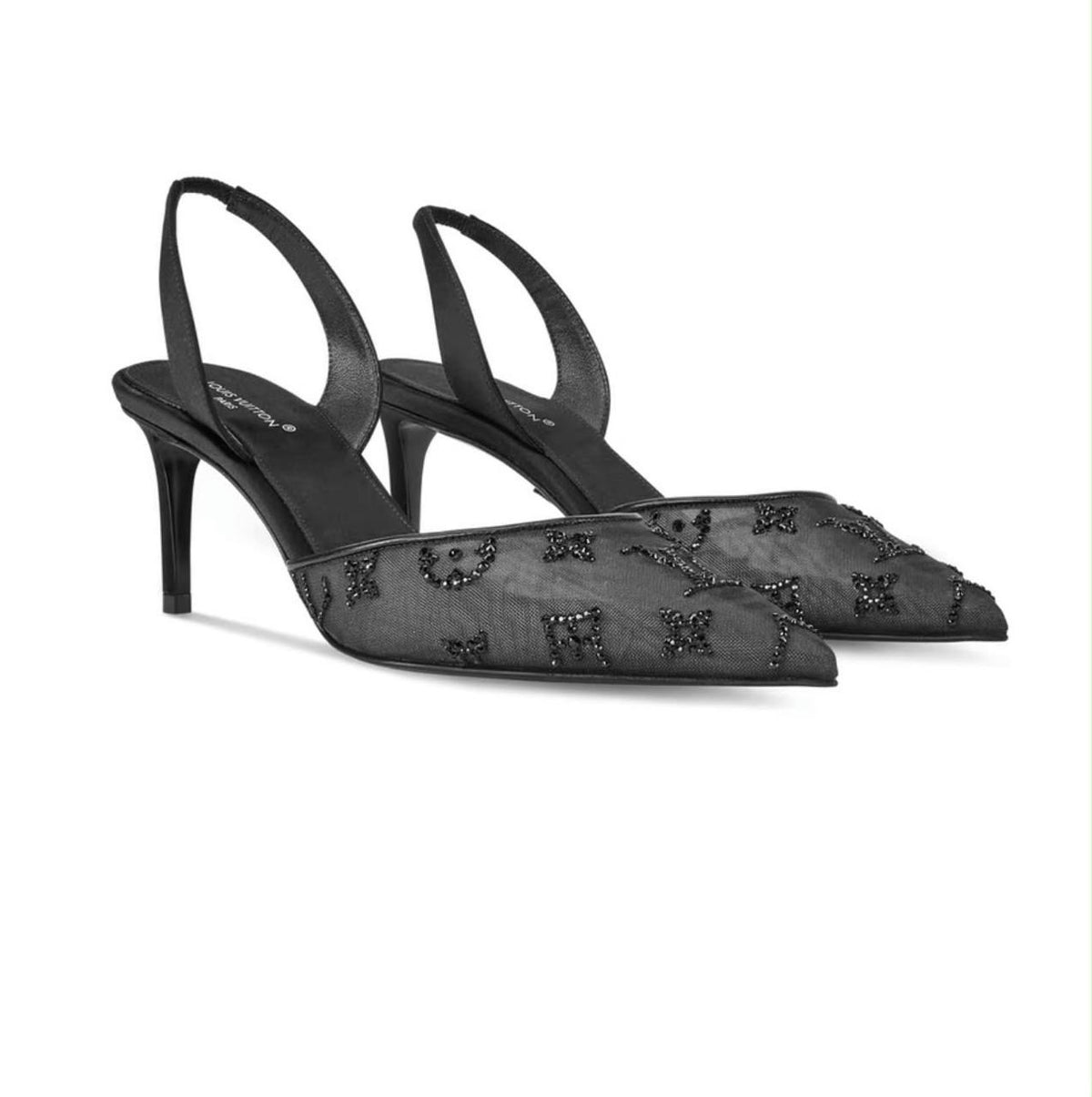Louis Vuitton Gala Slingback Pumps in black translucent mesh adorned with shimmering Swarovski rhinestone monogram details