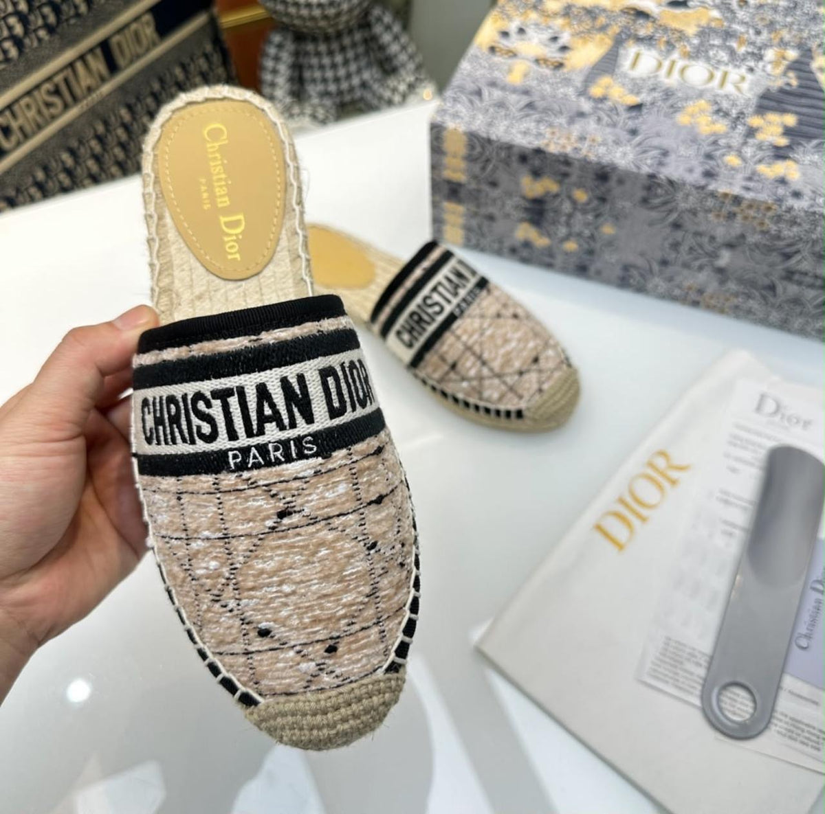 Christian Dior Granville quilted lambskin espadrille mule featuring the signature "Christian Dior Paris" embroidered band