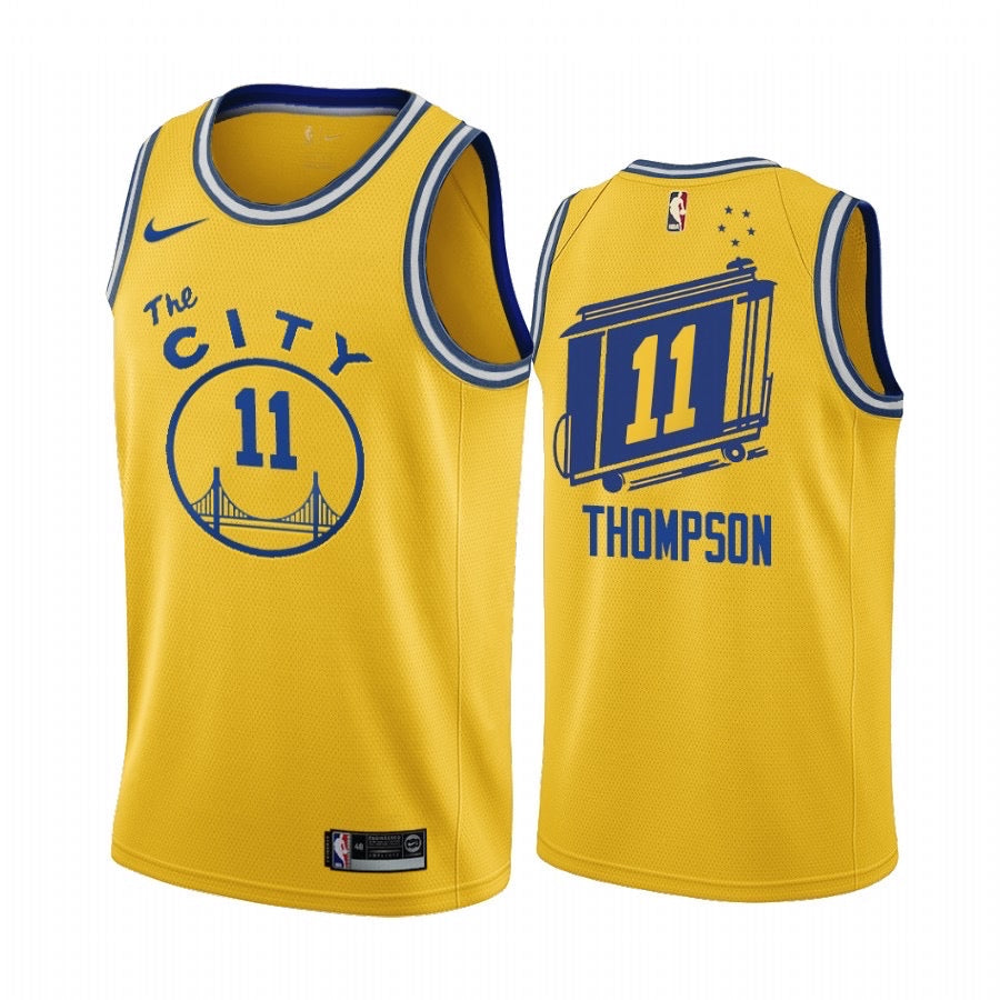 The warriors yellow 11 thompson  jersey