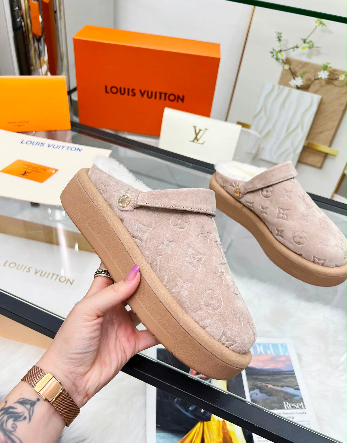 Louis Vuitton Aspen Platform Closed Mule features velvety debossed monogram suede calf leather and a plush shearling lining