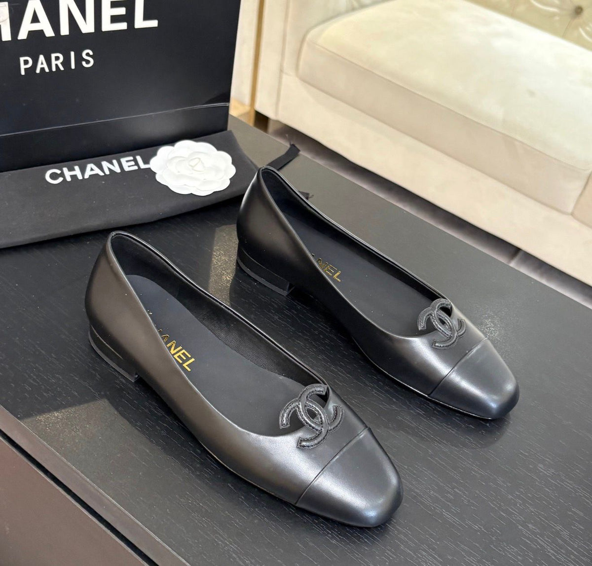 lambskin leather CC ballet flats featuring a stitched CC logo on the toe cap