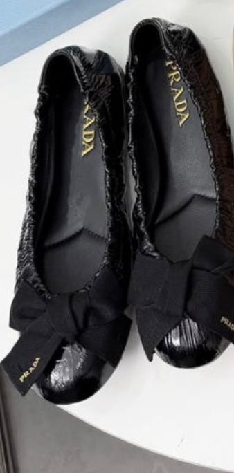 Prada Bow Ballet Flats showcasing distinct fabric bows and gathered elastic trims across multiple color and material variations.( from 35-to 42)