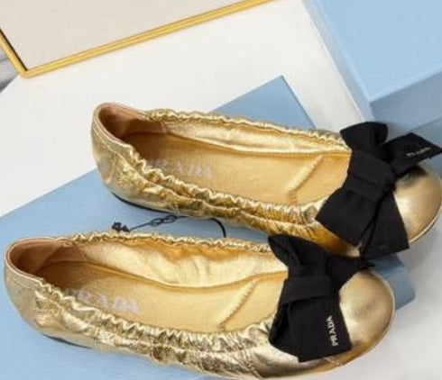 Prada Bow Ballet Flats showcasing distinct fabric bows and gathered elastic trims across multiple color and material variations.( from 35-to 42)