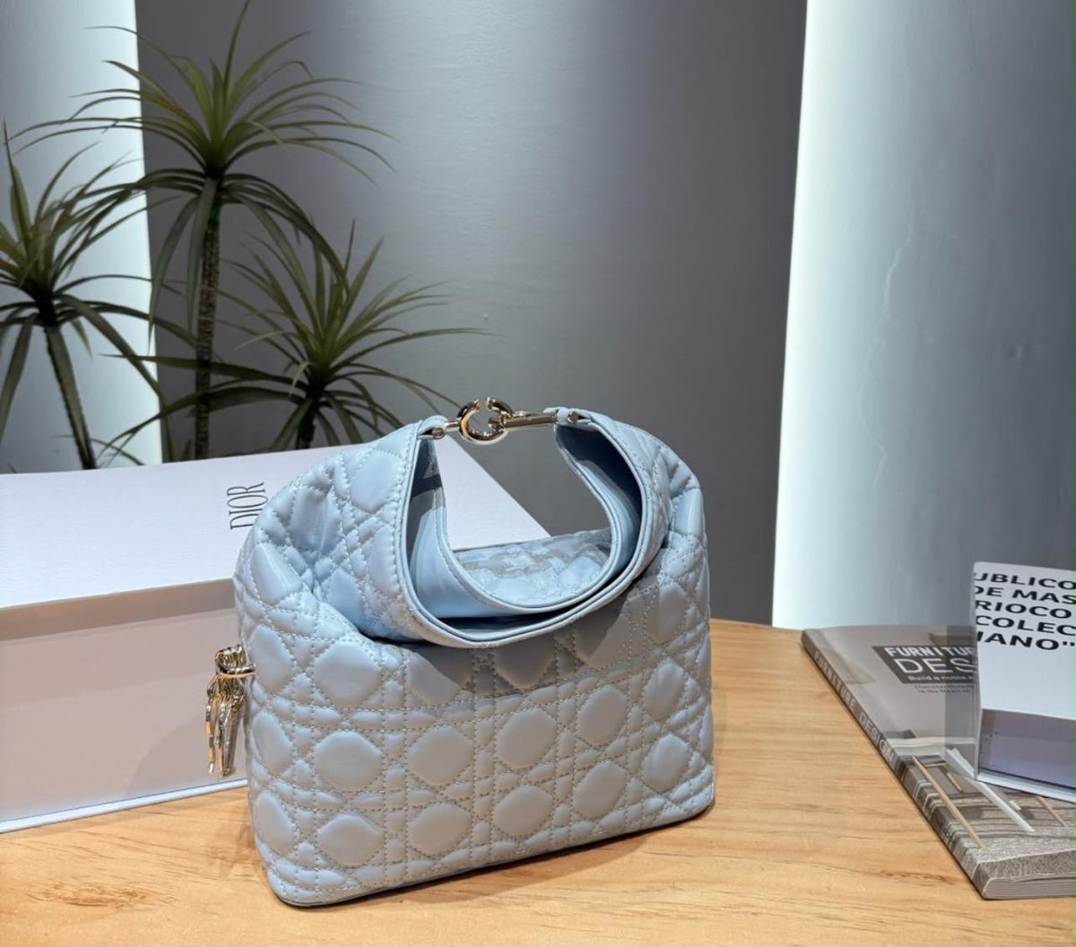light blue Small Dior Toujours Hobo Bag in Ice Blue Cannage Lambskin featuring a curved silhouette and quilted detailing.