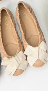 Prada Bow Ballet Flats showcasing distinct fabric bows and gathered elastic trims across multiple color and material variations.( from 35-to 42)