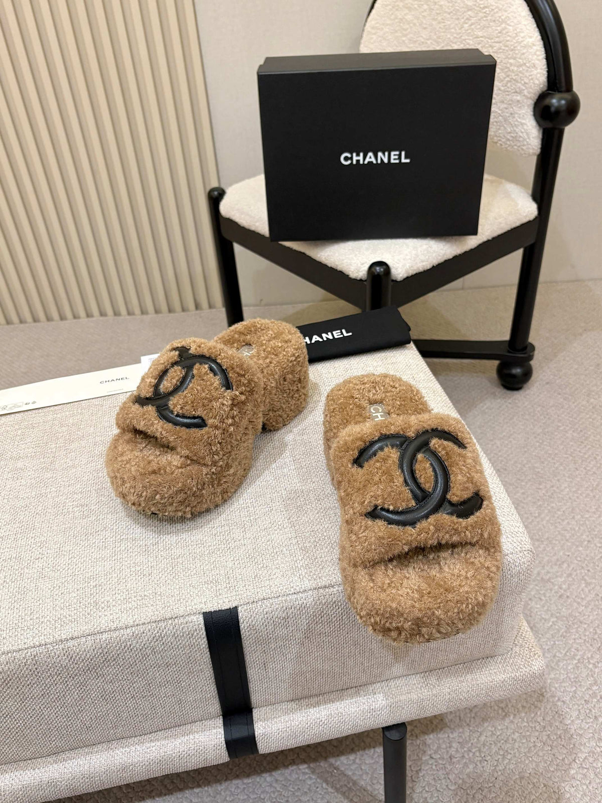 Chanel platform fur slippers