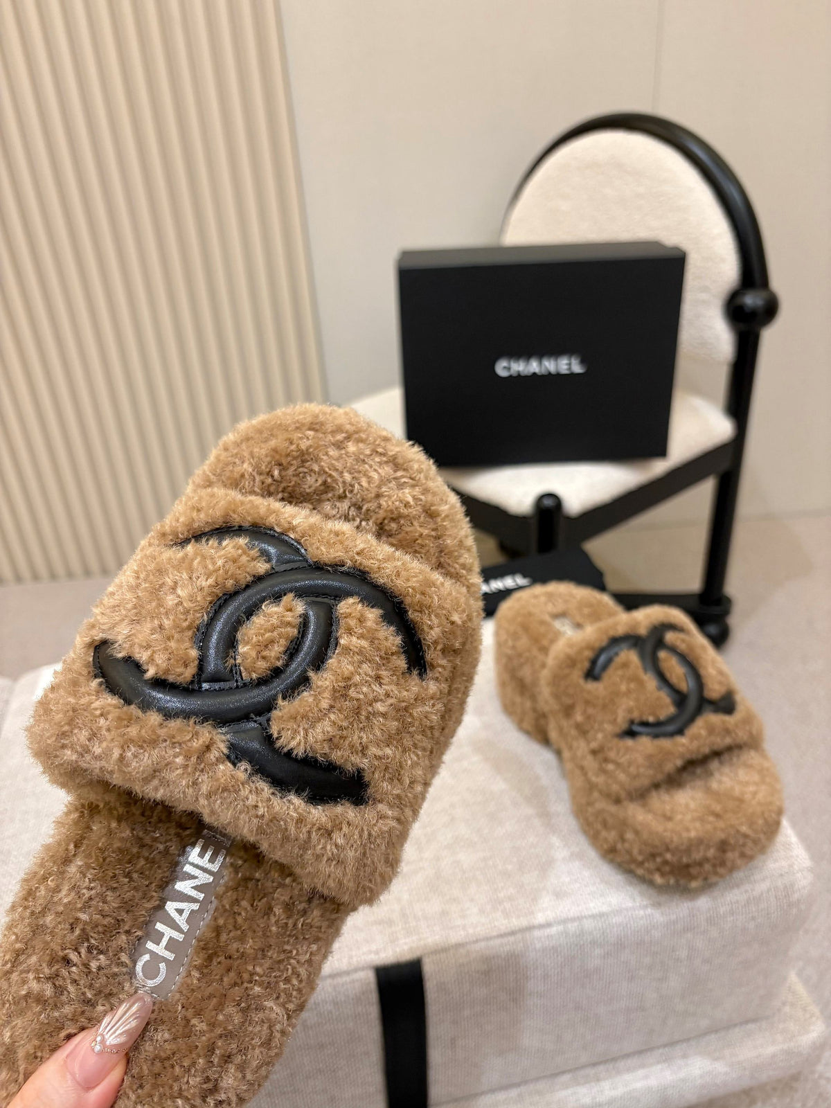 Chanel platform fur slippers