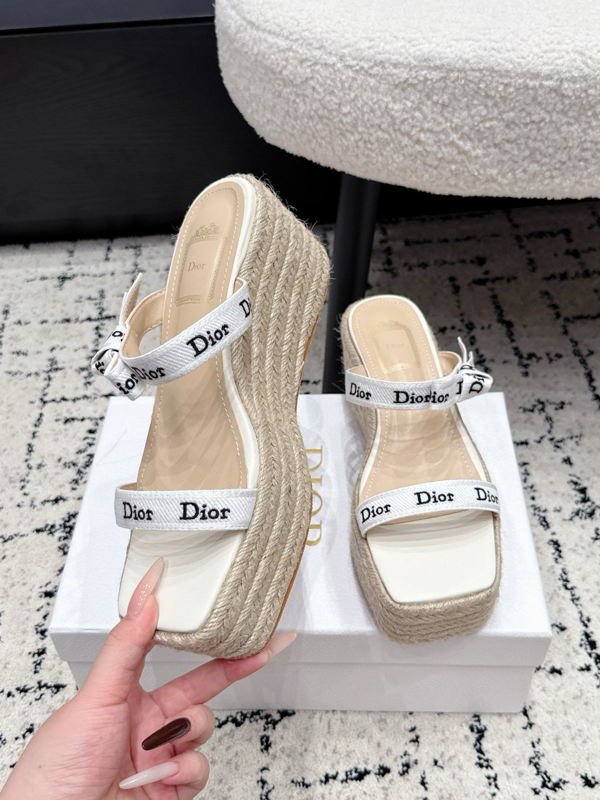 DIOR Spring/Summer 2026 Newest Letter Ribbon Straw Wedge Sandals