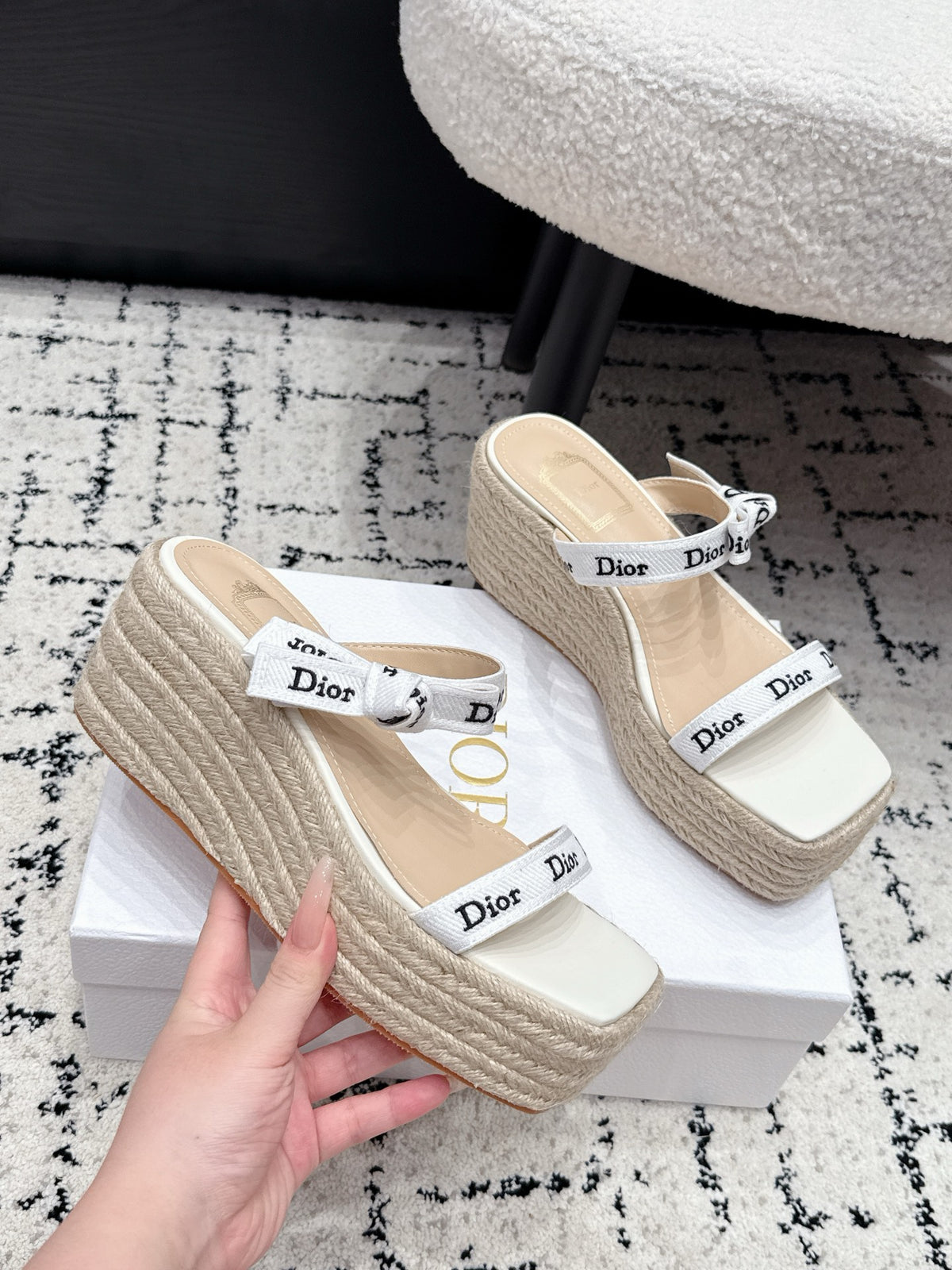 DIOR Spring/Summer 2026 Newest Letter Ribbon Straw Wedge Sandals
