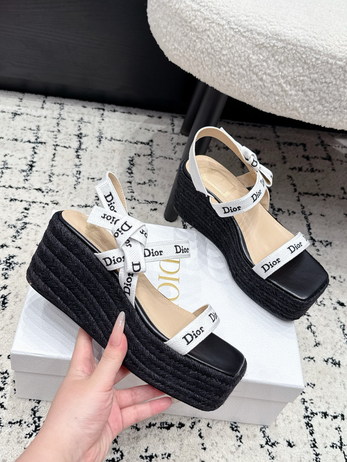 DIOR Spring/Summer 2026 Newest Letter Ribbon Straw Wedge Sandals
